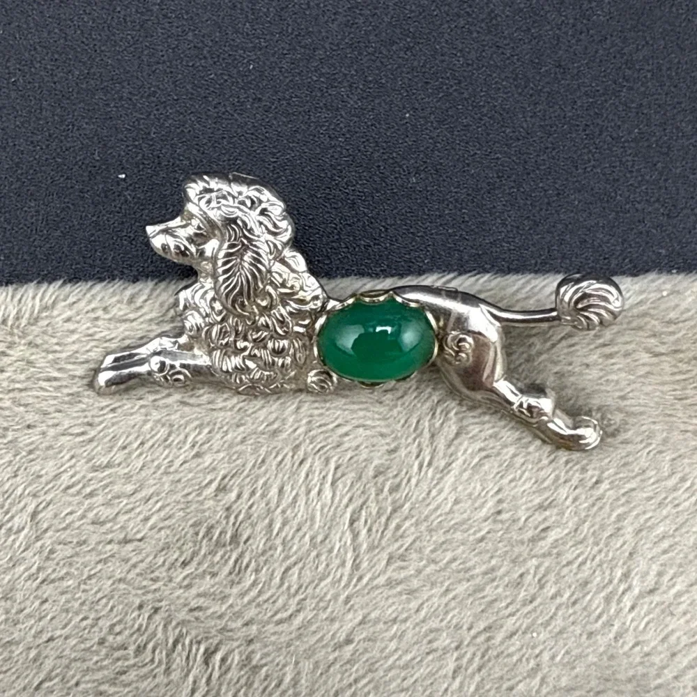 Vintage Poodle‎ Brooch Dog Green Jelly Belly Silver Tone